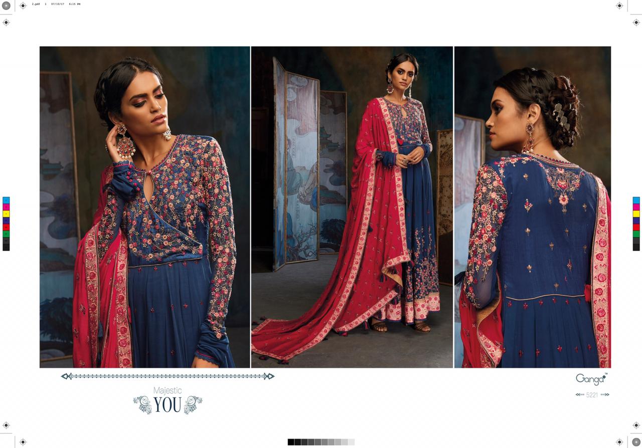 Majestic You By Ganga Fashion 5220 To 5224 Series Designer Anarkali Suits Collection Beautiful Stylish Fancy Colorful Party Wear & Occasional Wear Pure Bemberg Georgette Embroidered Dresses At Wholesale Price