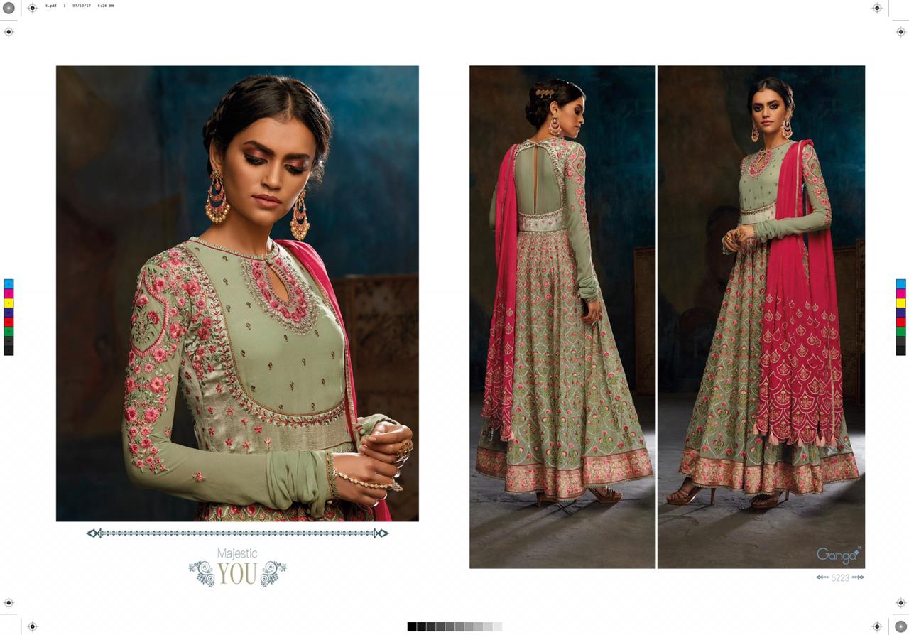 Majestic You By Ganga Fashion 5220 To 5224 Series Designer Anarkali Suits Collection Beautiful Stylish Fancy Colorful Party Wear & Occasional Wear Pure Bemberg Georgette Embroidered Dresses At Wholesale Price