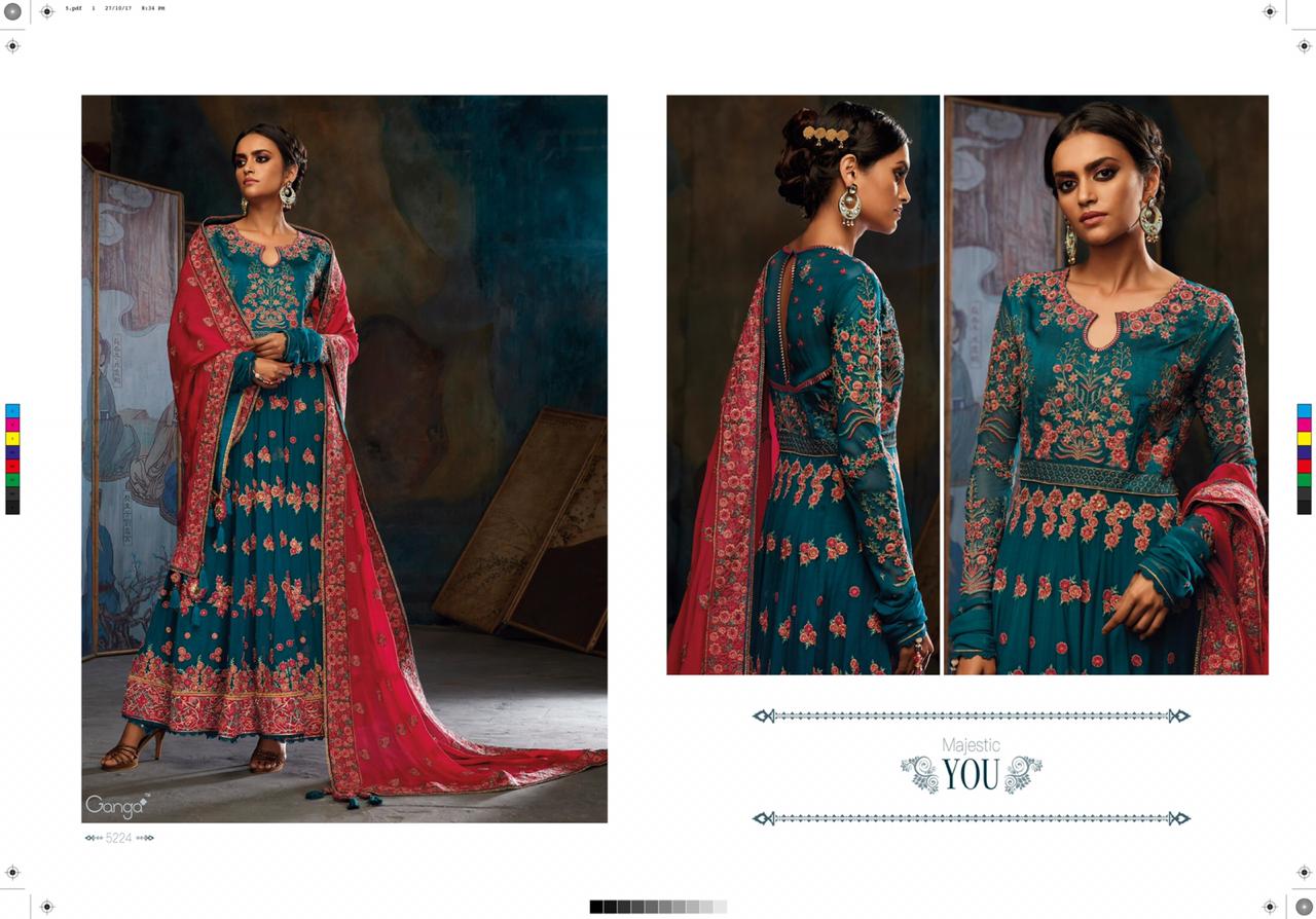 Majestic You By Ganga Fashion 5220 To 5224 Series Designer Anarkali Suits Collection Beautiful Stylish Fancy Colorful Party Wear & Occasional Wear Pure Bemberg Georgette Embroidered Dresses At Wholesale Price
