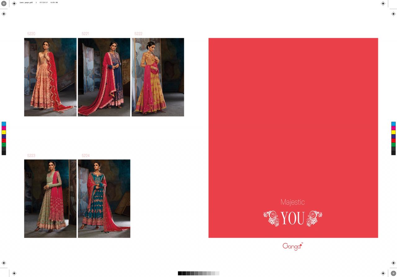 Majestic You By Ganga Fashion 5220 To 5224 Series Designer Anarkali Suits Collection Beautiful Stylish Fancy Colorful Party Wear & Occasional Wear Pure Bemberg Georgette Embroidered Dresses At Wholesale Price