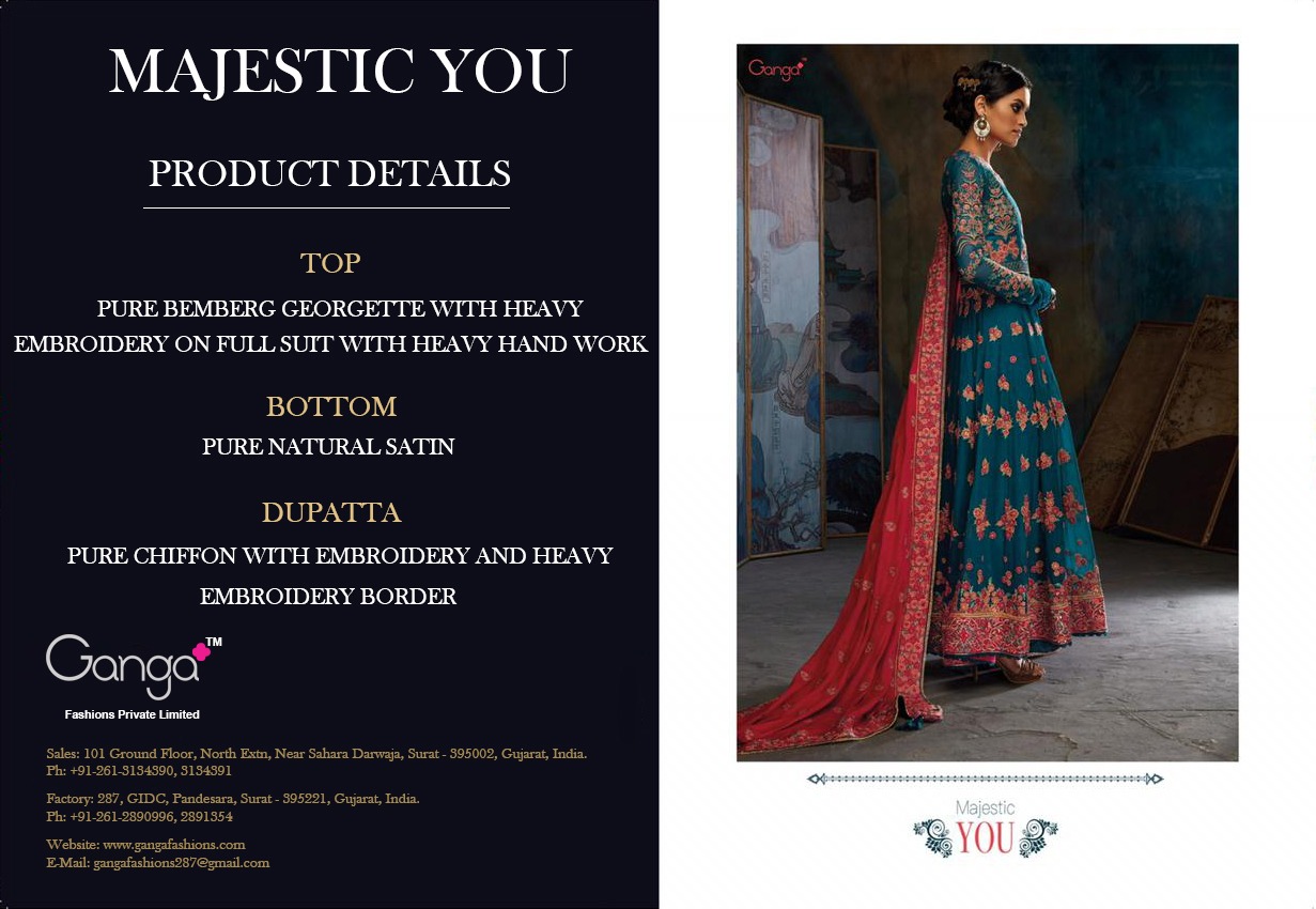 Majestic You By Ganga Fashion 5220 To 5224 Series Designer Anarkali Suits Collection Beautiful Stylish Fancy Colorful Party Wear & Occasional Wear Pure Bemberg Georgette Embroidered Dresses At Wholesale Price