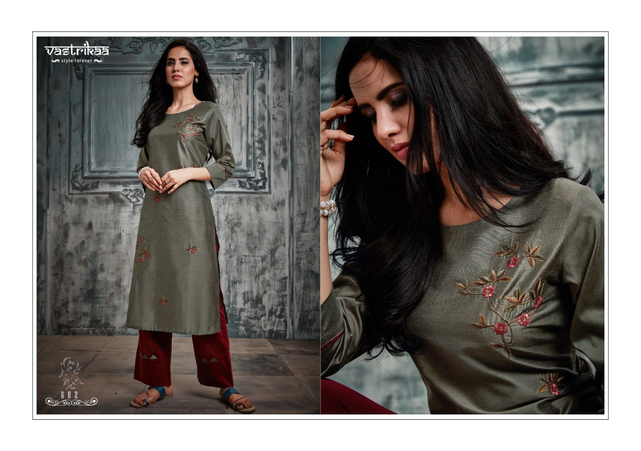 Majesty By Vastrikaa 601 To 606 Series Stylish Fancy Colorful Collection Casual Wear & Ethnic Wear Handloom Chanderi Silk With Two Tone Embroidery Kurtis At Wholesale Price