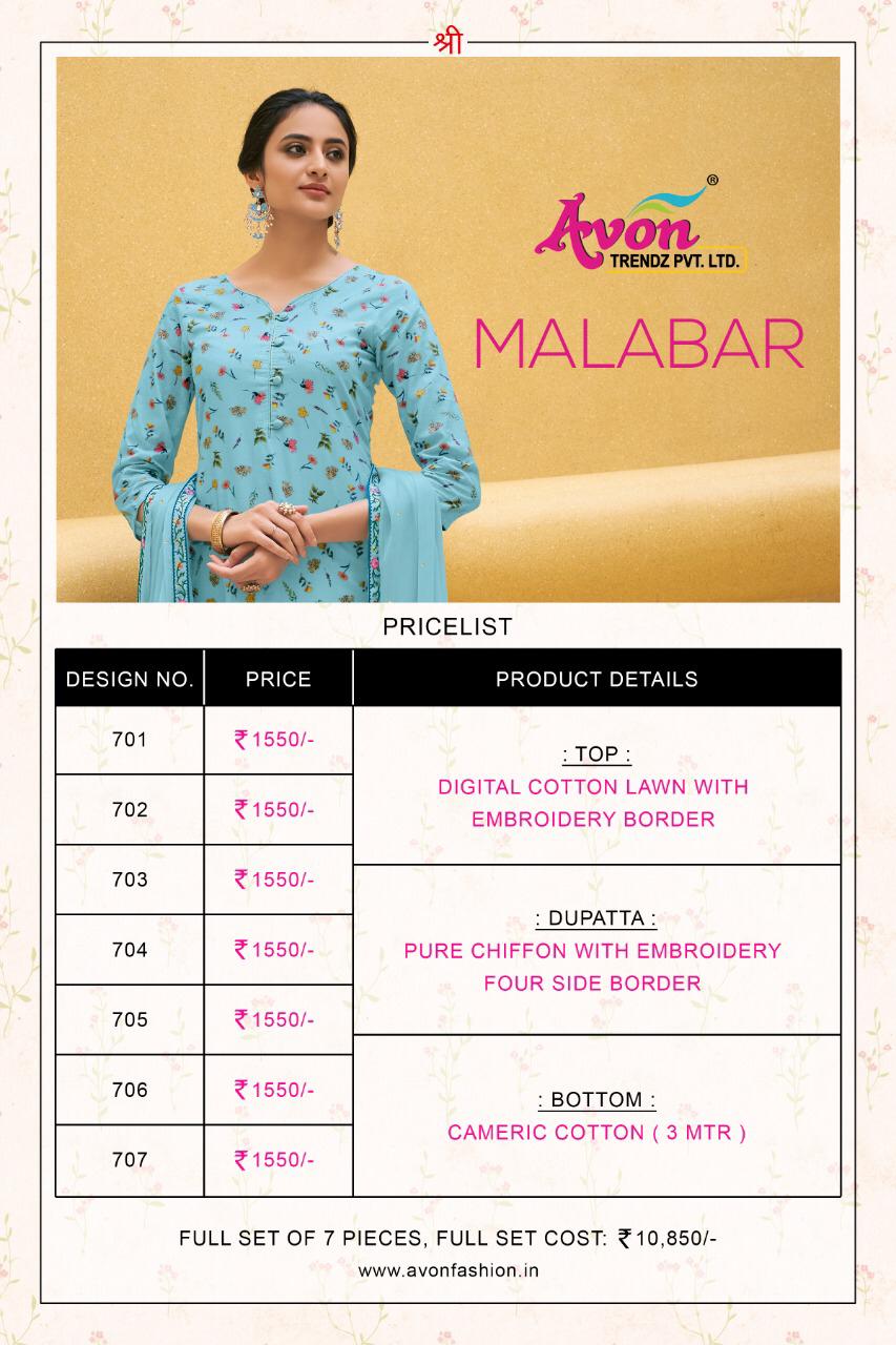 Malabar By Avon Trendz 701 To 707 Series Beautiful Suits Stylish Colorful Fancy Casual Wear & Ethnic Wear Cotton Lawn Digital With Embroidery Dresses At Wholesale Price