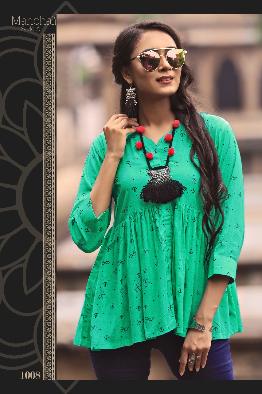 Manchali By Manisha Fashion 1001 To 1010 Series Beautiful Colorful Stylish Fancy Casual Wear & Ethnic Wear & Ready To Wear Rayon Slub Printed Kurtis/ Tops At Wholesale Price