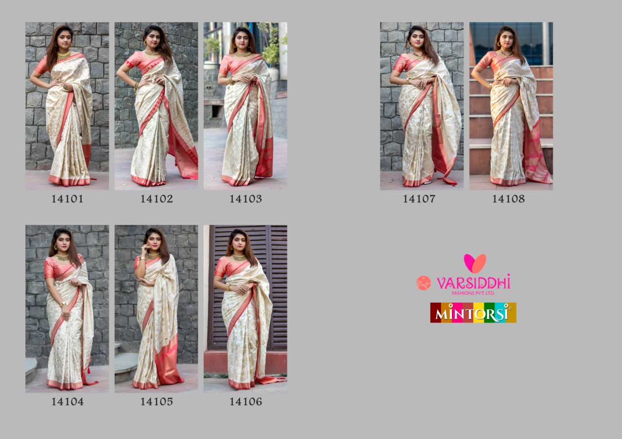Manikarnika By Varsiddhi Mintorsi 1401 To 1408 Series Indian Traditional Wear Collection Beautiful Stylish Fancy Colorful Party Wear & Occasional Wear Soft Banarasi Silk Weave Sarees At Wholesale Price