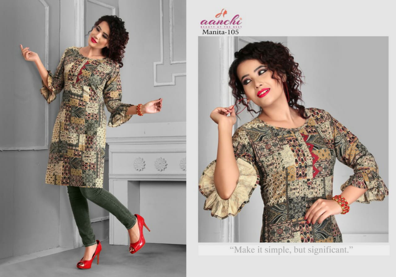 Manita By Aanchi 101 To 108 Series Stylish Fancy Beautiful Colorful Casual Wear & Ethnic Wear Heavy Rayon Printed Kurtis At Wholesale Price