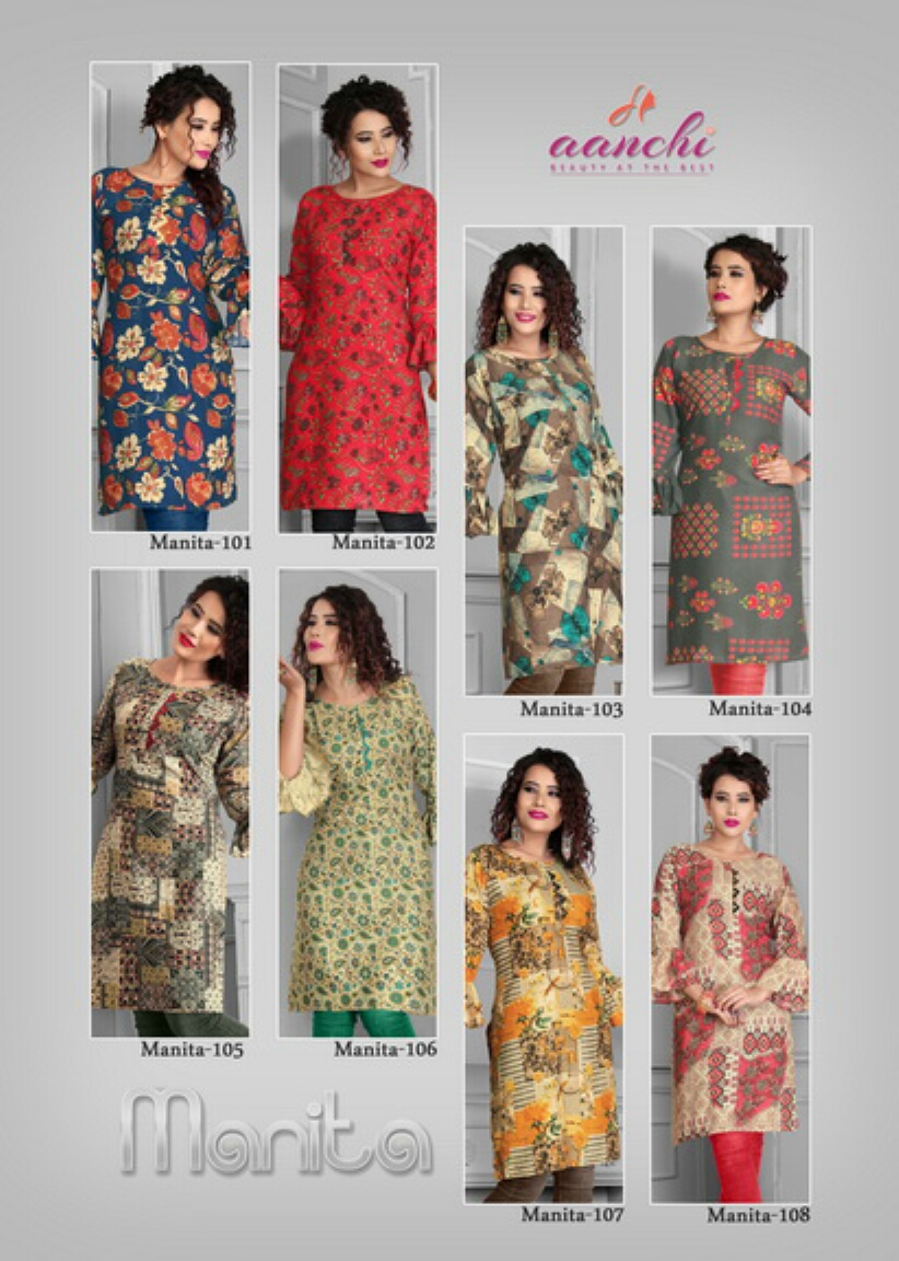 Manita By Aanchi 101 To 108 Series Stylish Fancy Beautiful Colorful Casual Wear & Ethnic Wear Heavy Rayon Printed Kurtis At Wholesale Price