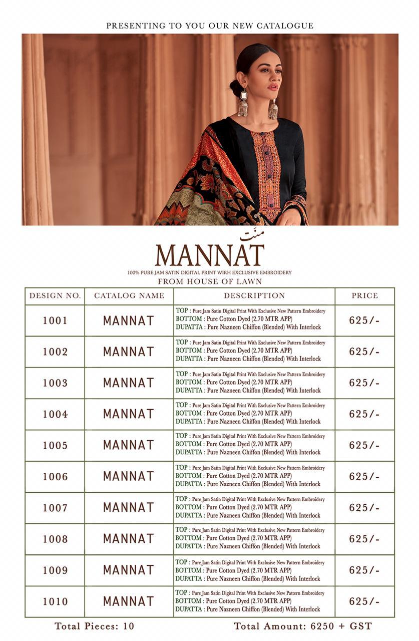 Mannat By House Of Lawn 1001 To 1010 Series  Studio Designer Collection Beautiful Stylish Fancy Colorful Party Wear & Occasional Wear Pure Jam Satin Digital Printed With Embroidery With Embroidery Dresses At Wholesale Price