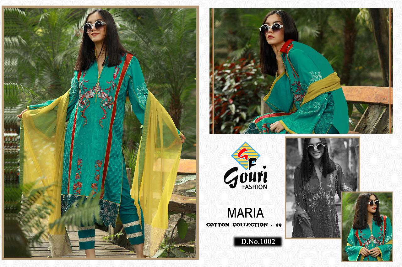Maria Cotton Collection Vol-19 By Gouri Fashion 1001 To 1005 Designer Pakistani Suits Collection Beautiful Stylish Fancy Colorful Party Wear & Occasional Wear Cambric Cotton With Embroidery Dresses At Wholesale Price