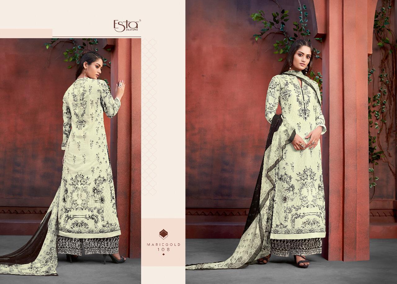 Mariegold By Esta Designs 101 To 112 Series Beautiful Suits Stylish Fancy Colorful Party Wear & Ethnic Wear Digital Printed Cotton Lawn With Mirror Work Dresses At Wholesale Price