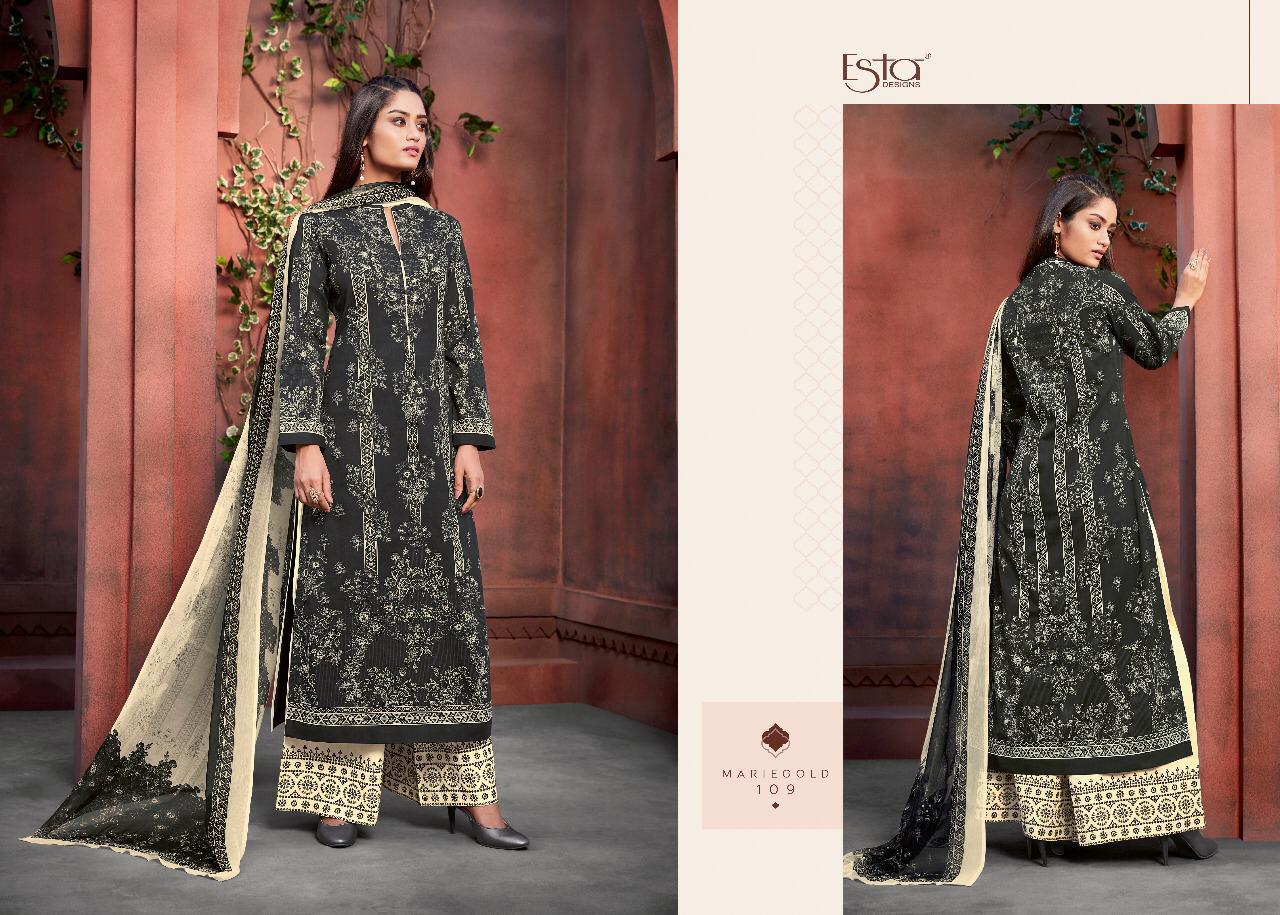 Mariegold By Esta Designs 101 To 112 Series Beautiful Suits Stylish Fancy Colorful Party Wear & Ethnic Wear Digital Printed Cotton Lawn With Mirror Work Dresses At Wholesale Price