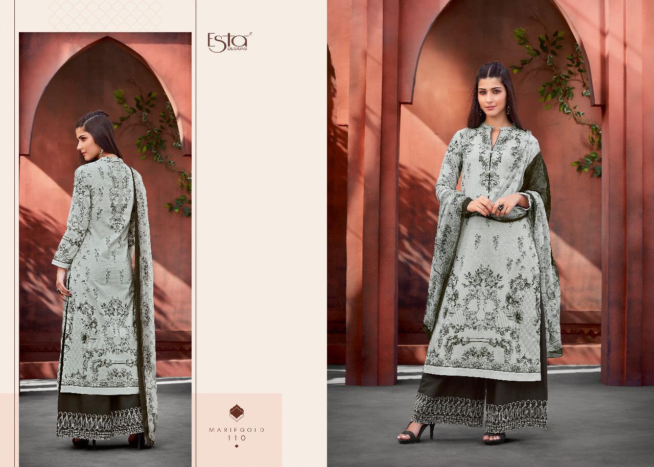 Mariegold By Esta Designs 101 To 112 Series Beautiful Suits Stylish Fancy Colorful Party Wear & Ethnic Wear Digital Printed Cotton Lawn With Mirror Work Dresses At Wholesale Price