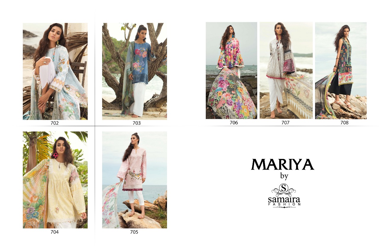 Mariya Vol-1 By Samaira Fashion 702 To 708 Series Beautiful Pakistani Suits Colorful Stylish Fancy Party Wear & Occasional Wear Pure Cotton Cambric Printed Dresses At Wholesale Price