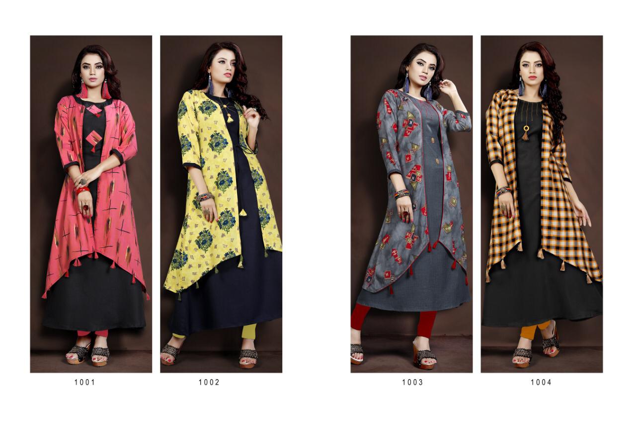 Mariya By Je 1001 To 1004 Series Beautiful Stylish Colorful Fancy Party Wear & Ethnic Wear & Ready To Wear Heavy Rayon Slub Embroidered Kurtis With Shrug At Wholesale Price