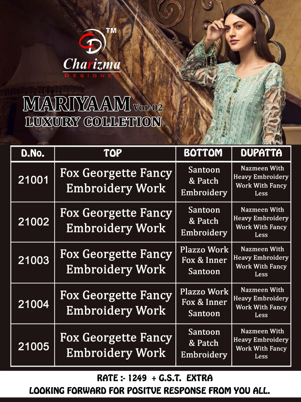 Mariyaa Luxury Collection Vol-2 By Charizma Designer 21001 To 21005 Series Pakistani Suits Beautiful Fancy Colorful Stylish Party Wear & Occasional Wear Faux Georgette With Embroidery Dresses At Wholesale Price