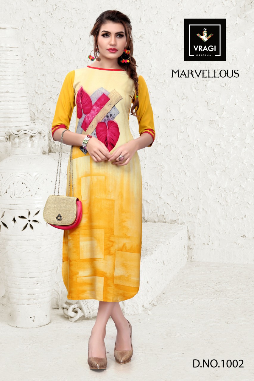 Marvellous By Vragi 1001 To 1008 Series Beautiful Colorful Stylish Fancy Casual Wear & Ethnic Wear & Ready To Wear Heavy Rayon Printed Kurtis At Wholesale Price