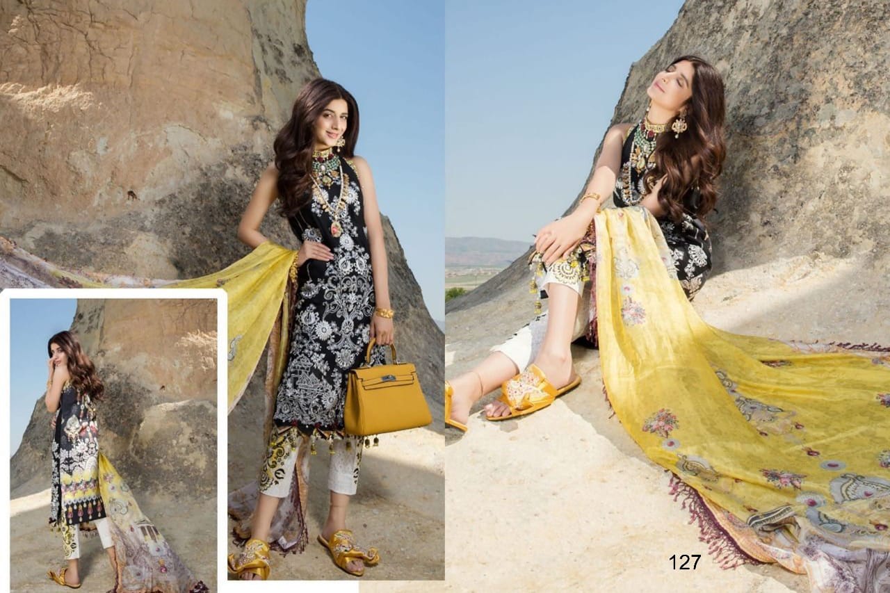 Maryum N Maria By Samaira Fashion 126 To 128 Series Pakistani Stylish Beautiful Colourful Printed & Embroidered Party Wear & Occasional Wear Pure Cotton Cambric Print & Self  Heavy Embroidery Dresses At Wholesale Price