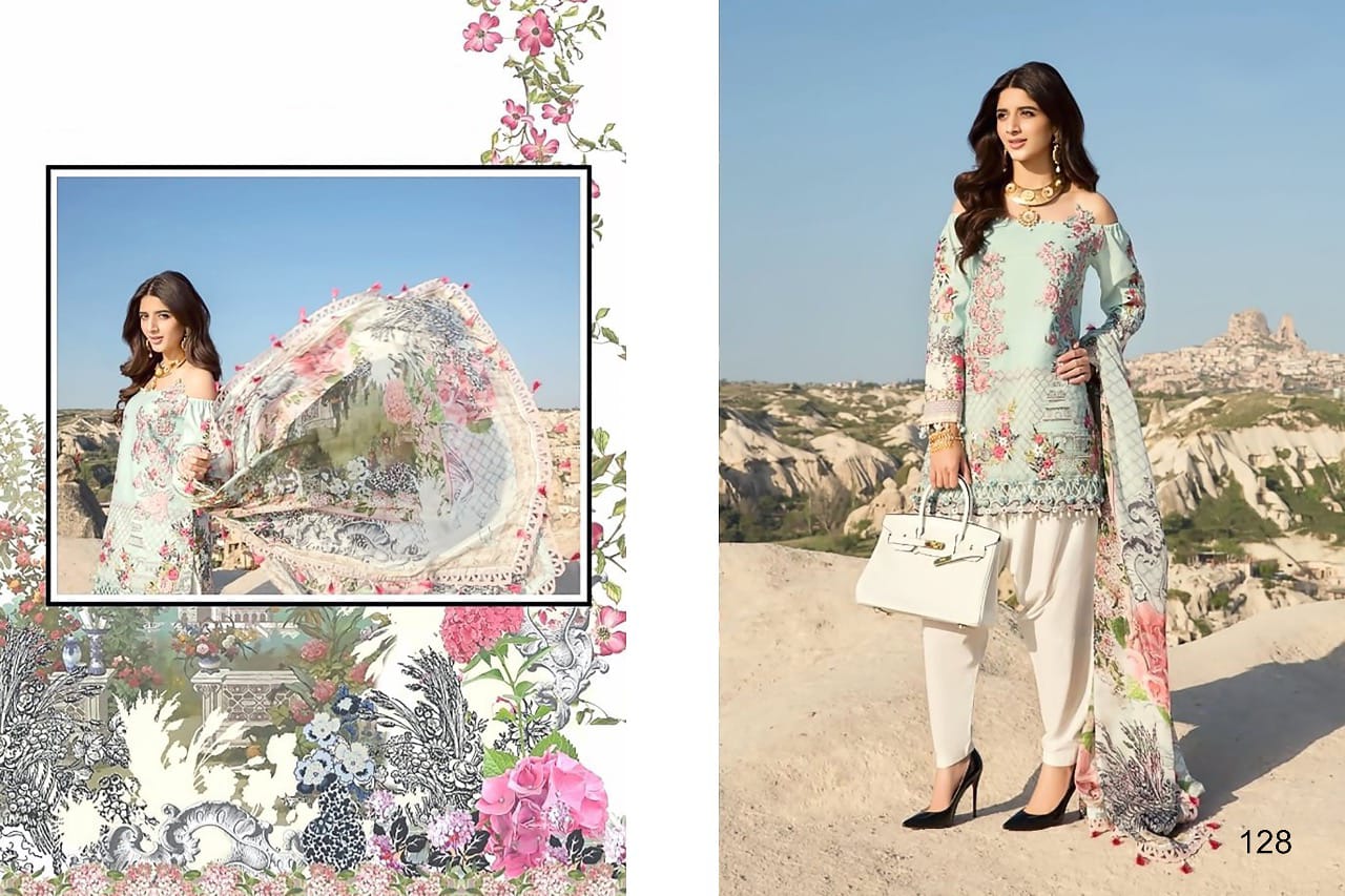 Maryum N Maria By Samaira Fashion 126 To 128 Series Pakistani Stylish Beautiful Colourful Printed & Embroidered Party Wear & Occasional Wear Pure Cotton Cambric Print & Self  Heavy Embroidery Dresses At Wholesale Price