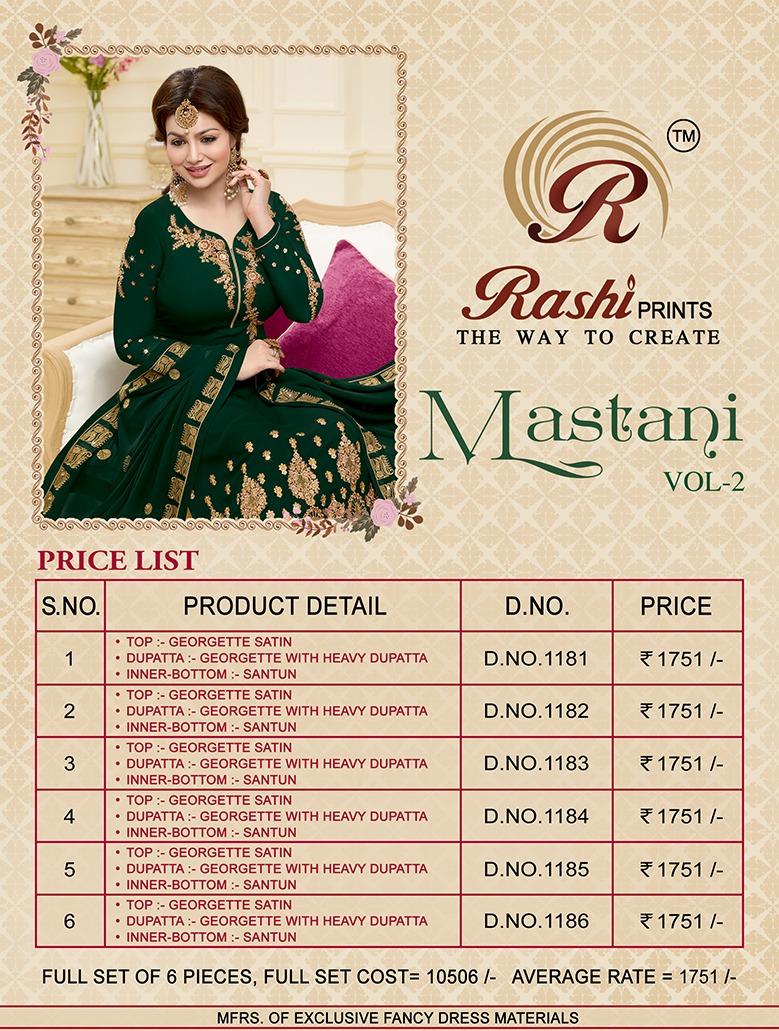 Mastani Vol-2 By Rashi Prints 1181 To 1186 Series Beautiful Stylish Designer Printed And Embroidered Party Wear Occasional Wear Georgette Satin  Embroidery Dresses At Wholesale Price