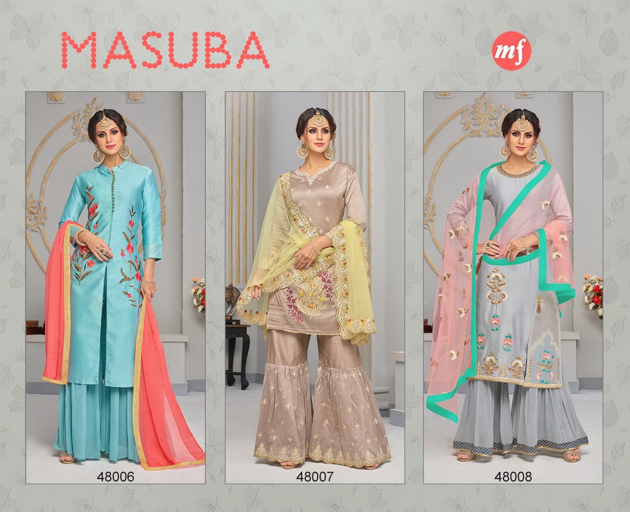 Masuba By Mahaveer Fashion 48006 To 48008 Series Designer Suits Embroidered Beautiful Stylish Fancy Colorful Party Wear & Occasional Wear Pure Muslin Silk Dresses At Wholesale Price