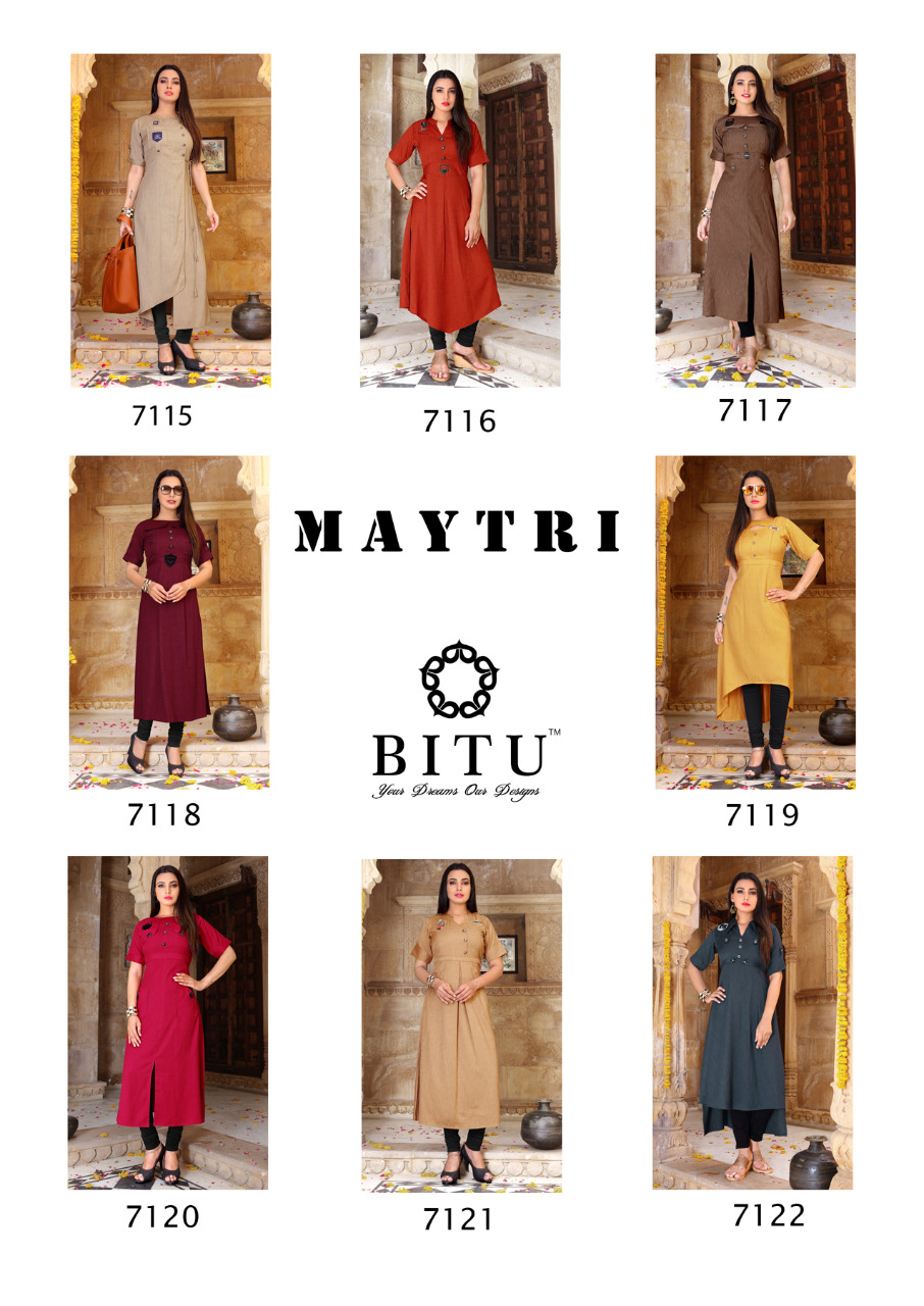 Maytri By Bitu 7115 To 7122 Series Beautiful Stylish Fancy Colorful Casual Wear & Ethnic Wear & Ready To Wear Soft Cotton Kurtis At Wholesale Price