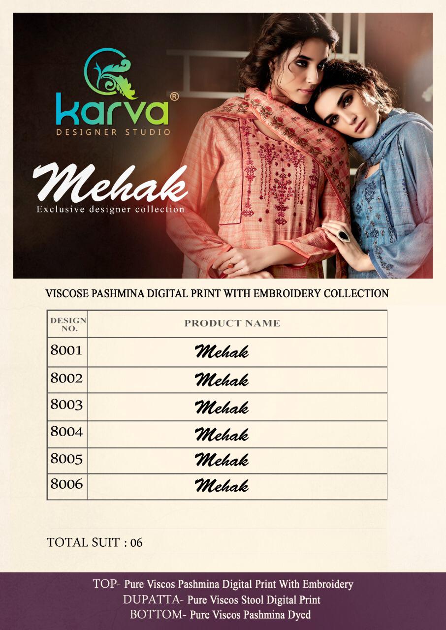 Mehak By Karva Designer Studio 8001 To 8006 Series Beautiful Winter Collection Suits Stylish Fancy Colorful Casual Wear & Ethnic Wear Pure Viscose Pashmina Digital Printed Dresses At Wholesale Price