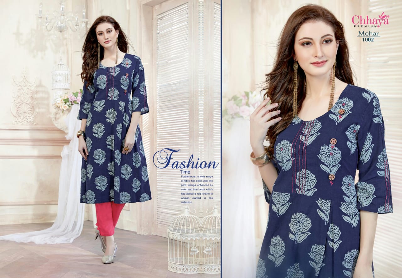 Mehar By Chhaya 1001 To 1010 Series Indian Wear Collection Beautiful Stylish Fancy Colorful Party Wear & Occasional Wear Cotton Printed Kurtis At Wholesale Price