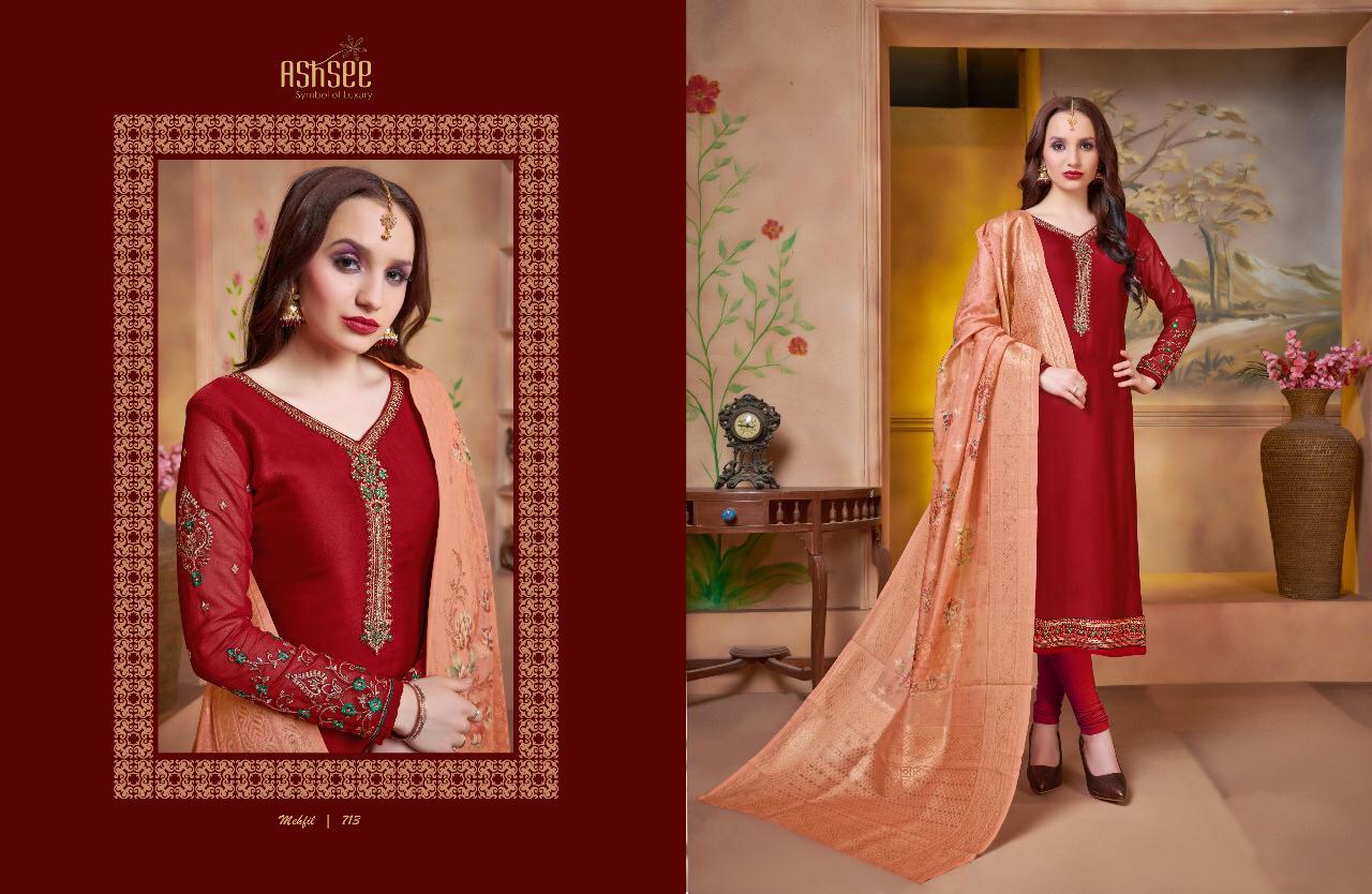 Mehfil By Ashsee 711 To 717 Series Beautiful Suits Stylish Fancy Colorful Party Wear & Ethnic Wear Satin Georgette Embroidered Dresses At Wholesale Price