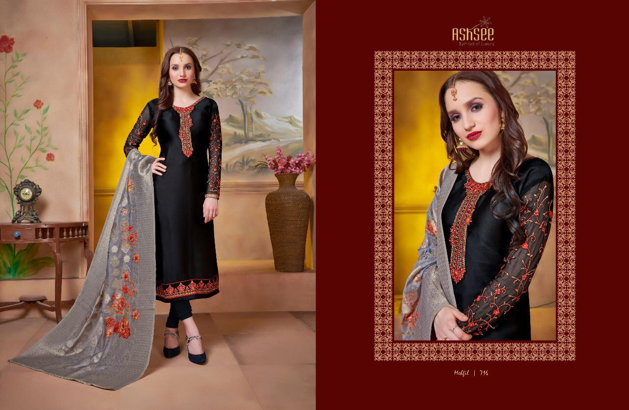 Mehfil By Ashsee 711 To 717 Series Beautiful Suits Stylish Fancy Colorful Party Wear & Ethnic Wear Satin Georgette Embroidered Dresses At Wholesale Price