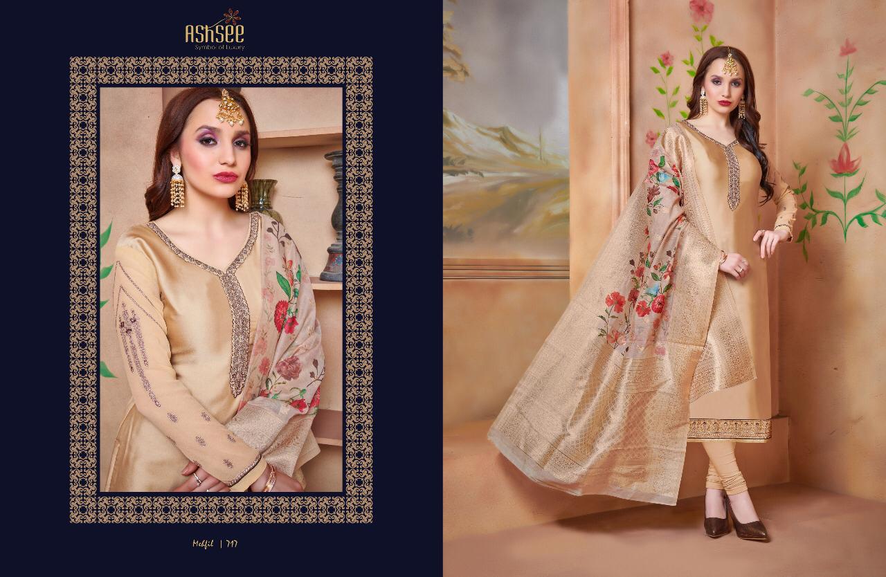 Mehfil By Ashsee 711 To 717 Series Beautiful Suits Stylish Fancy Colorful Party Wear & Ethnic Wear Satin Georgette Embroidered Dresses At Wholesale Price