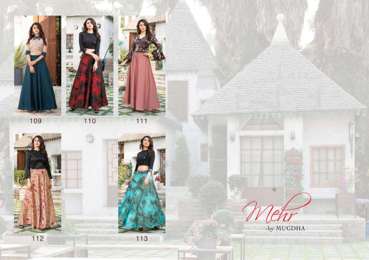 Mehr Vol-3 By Mugdha 109 To 113 Series Beautiful Stylish Colorful Fancy Party Wear & Ethnic Wear & Ready To Wear Scuba/viola/silk Top With Skirt At Wholesale Price