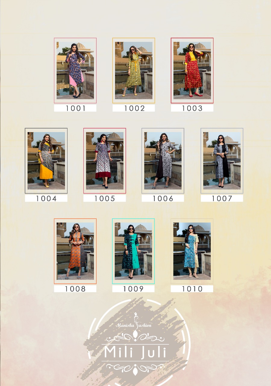 Mili Juli By Manisha Fashion 1001 To 1010 Series Beautiful Colorful Stylish Fancy Casual Wear & Ethnic Wear & Ready To Wear Pure Rayon Printed Kurtis At Wholesale Price