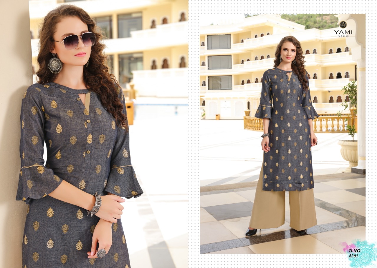 Missri By Yami Fashion 2201 To 2208 Series Beautiful Stylish Colorful Fancy Party Wear & Ethnic Wear & Ready To Wear Heavy Rayon Two Tone Kurtis With Bottom At Wholesale Price