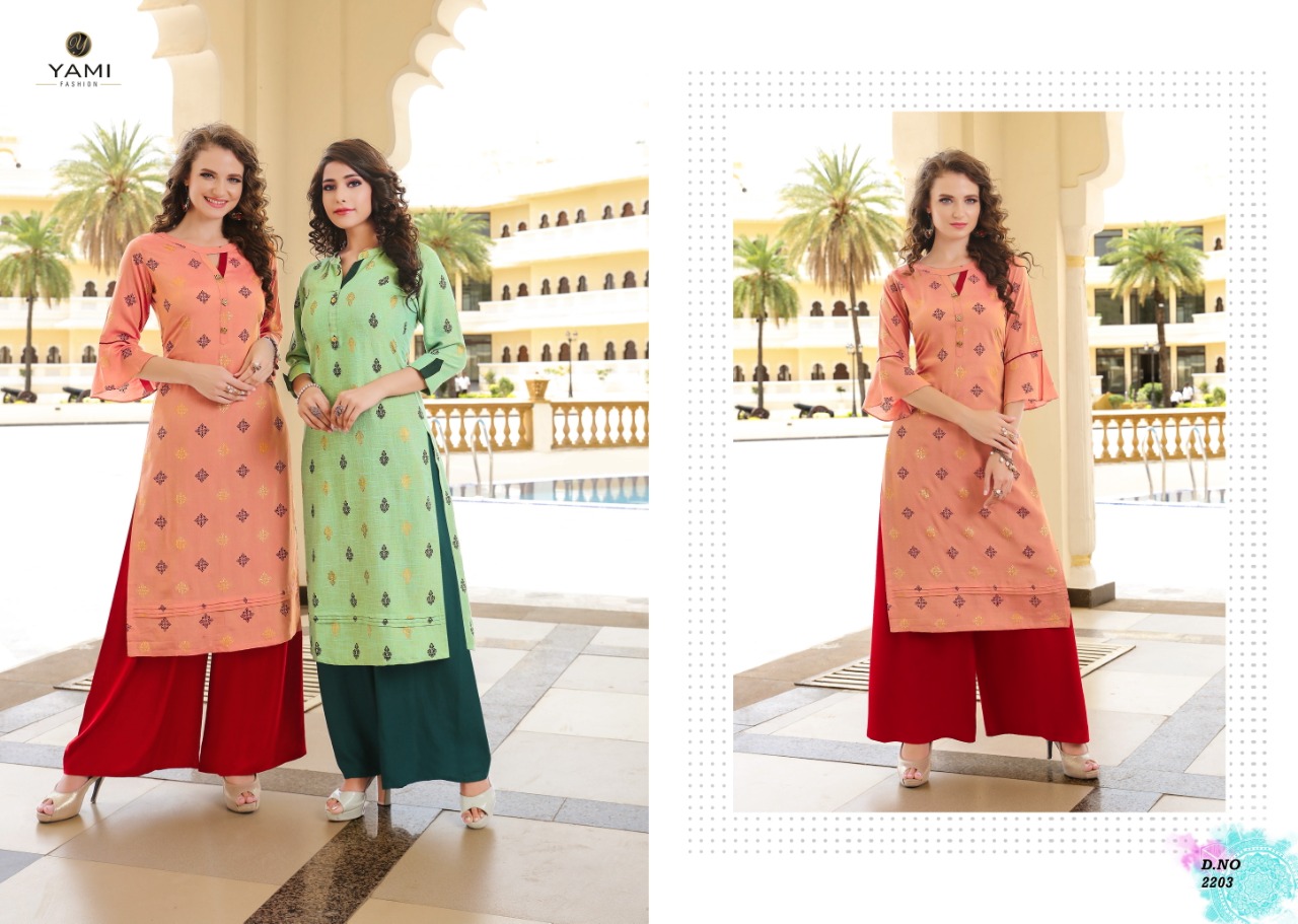 Missri By Yami Fashion 2201 To 2208 Series Beautiful Stylish Colorful Fancy Party Wear & Ethnic Wear & Ready To Wear Heavy Rayon Two Tone Kurtis With Bottom At Wholesale Price