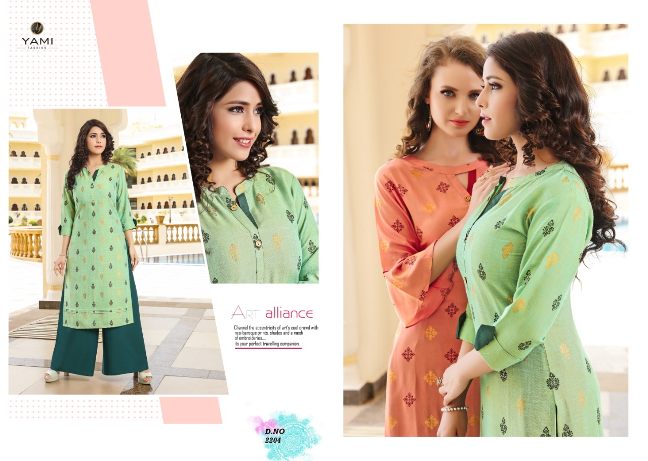 Missri By Yami Fashion 2201 To 2208 Series Beautiful Stylish Colorful Fancy Party Wear & Ethnic Wear & Ready To Wear Heavy Rayon Two Tone Kurtis With Bottom At Wholesale Price