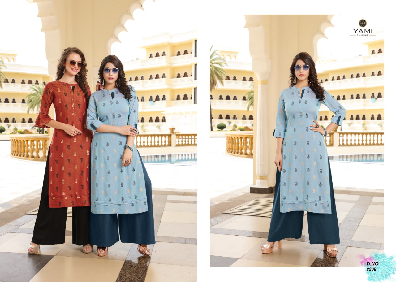 Missri By Yami Fashion 2201 To 2208 Series Beautiful Stylish Colorful Fancy Party Wear & Ethnic Wear & Ready To Wear Heavy Rayon Two Tone Kurtis With Bottom At Wholesale Price