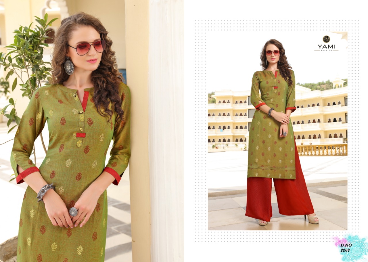 Missri By Yami Fashion 2201 To 2208 Series Beautiful Stylish Colorful Fancy Party Wear & Ethnic Wear & Ready To Wear Heavy Rayon Two Tone Kurtis With Bottom At Wholesale Price