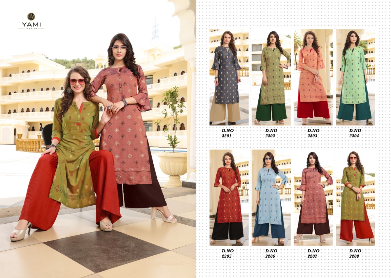 Missri By Yami Fashion 2201 To 2208 Series Beautiful Stylish Colorful Fancy Party Wear & Ethnic Wear & Ready To Wear Heavy Rayon Two Tone Kurtis With Bottom At Wholesale Price
