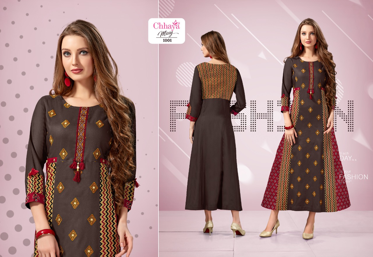 Missy By Chhaya Kurti 1001 To 1007 Series Beautiful Stylish Fancy Colorful Casual Wear & Ethnic Wear & Ready To Wear Heavy Rayon Fabric With Embroidery Kurtis At Wholesale Price