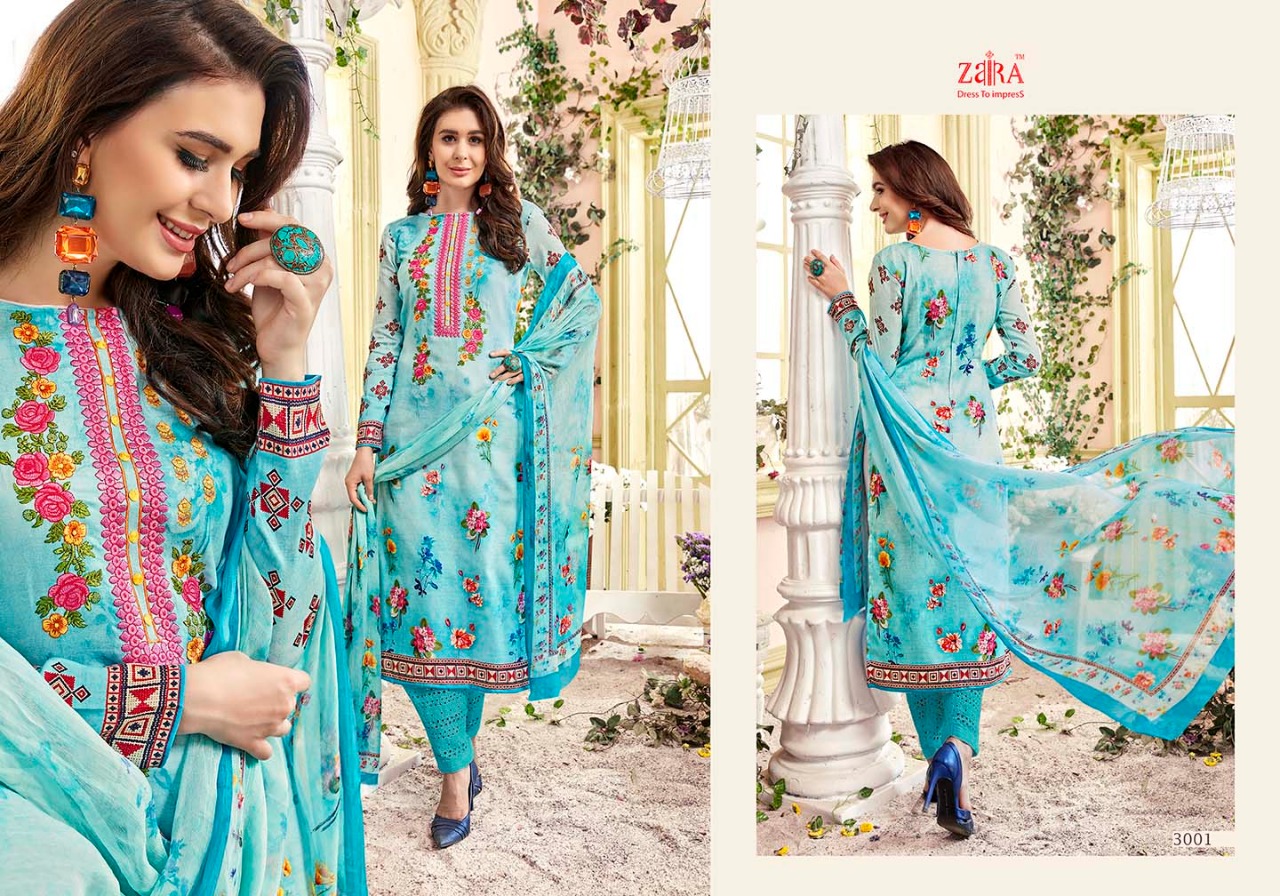 Mohabbatein By Zaira 3001 To 3008 Series Beautiful Stylish Fancy Colorful Casual Wear & Ethnic Wear Collection Pure Cotton Satin Embroidered Dresses At Wholesale Price