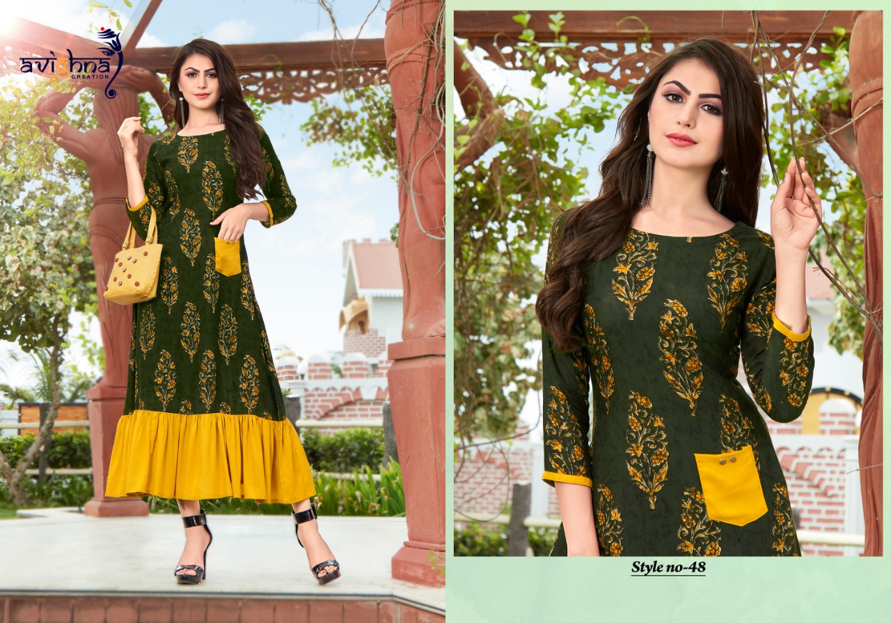 Moment By Avighna Creation 48 To 55 Series Beautiful Colorful Stylish Fancy Casual Wear & Ethnic Wear & Ready To Wear Rayon Printed Kurtis At Wholesale Price