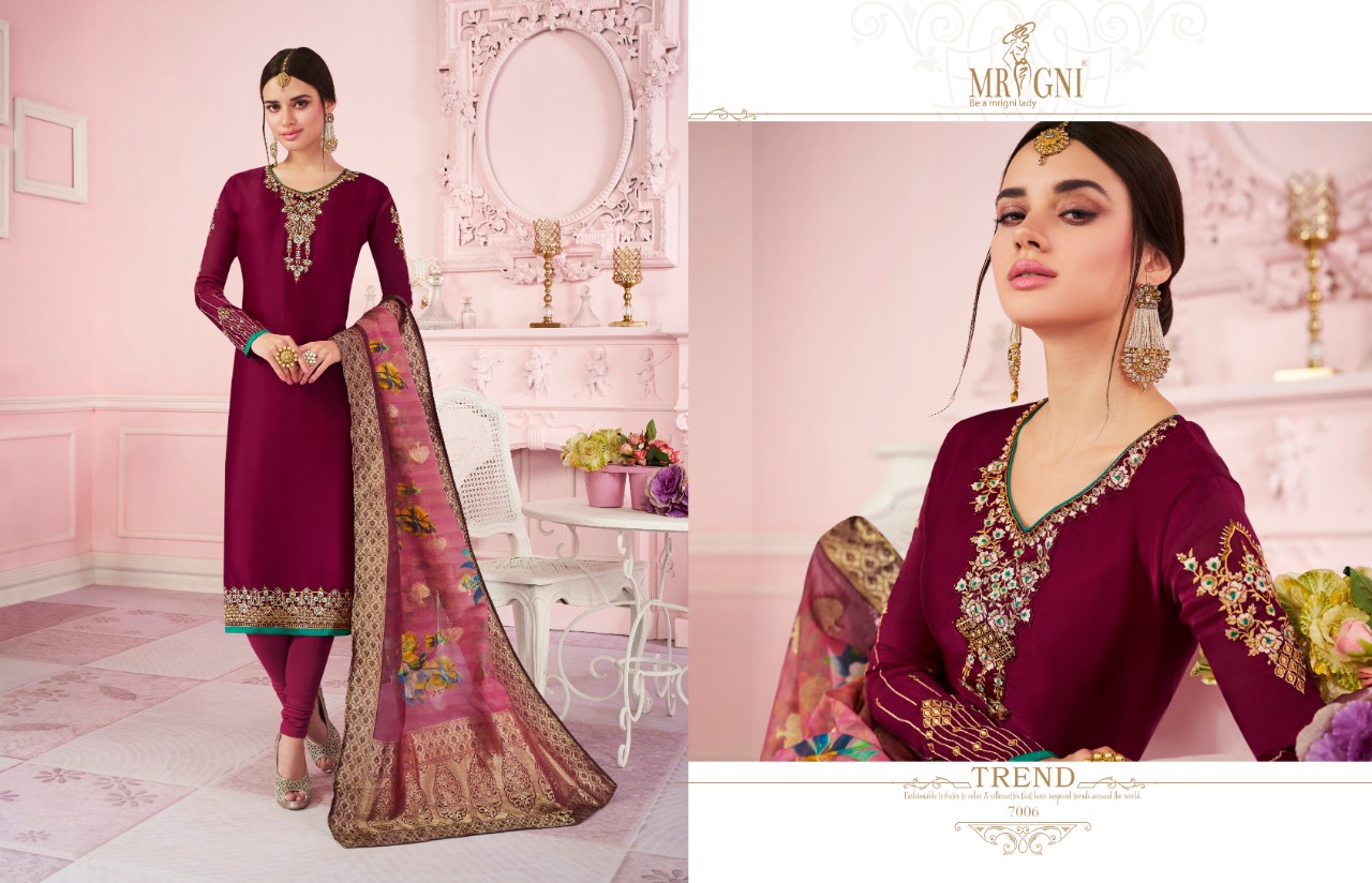 Mrigni Vol-7 By Mrigni 7001 To 7008 Series Indian Traditional Wear Collection Beautiful Stylish Fancy Colorful Party Wear & Occasional Wear Satin Georgette Dress At Wholesale Price