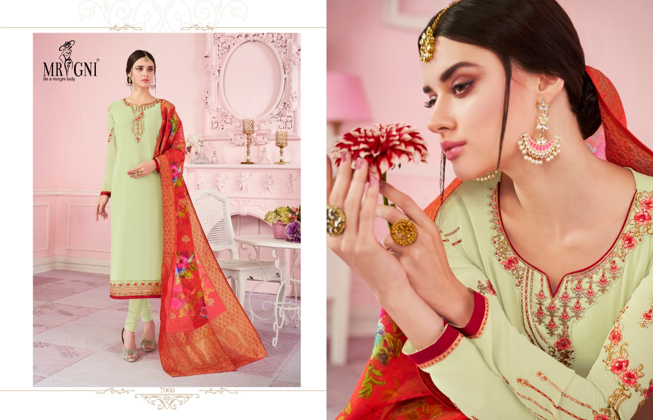 Mrigni Vol-7 By Mrigni 7001 To 7008 Series Indian Traditional Wear Collection Beautiful Stylish Fancy Colorful Party Wear & Occasional Wear Satin Georgette Dress At Wholesale Price