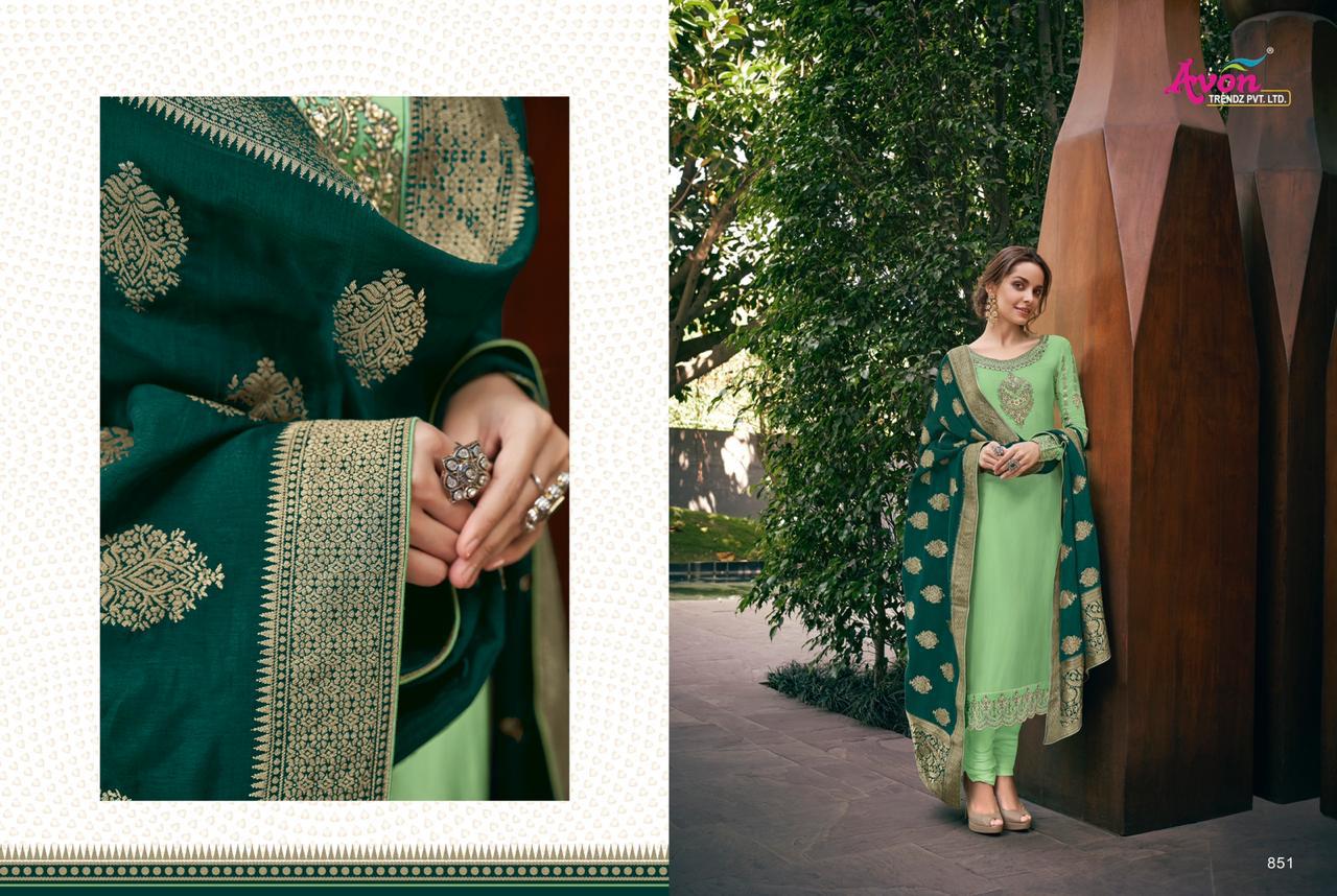 Mulberry Silk Hand Woven By Avon Trendz 851 To 857 Series Beautiful Suits Stylish Colorful Fancy Casual Wear & Ethnic Wear Satin Georgette With Embroidery Dresses At Wholesale Price