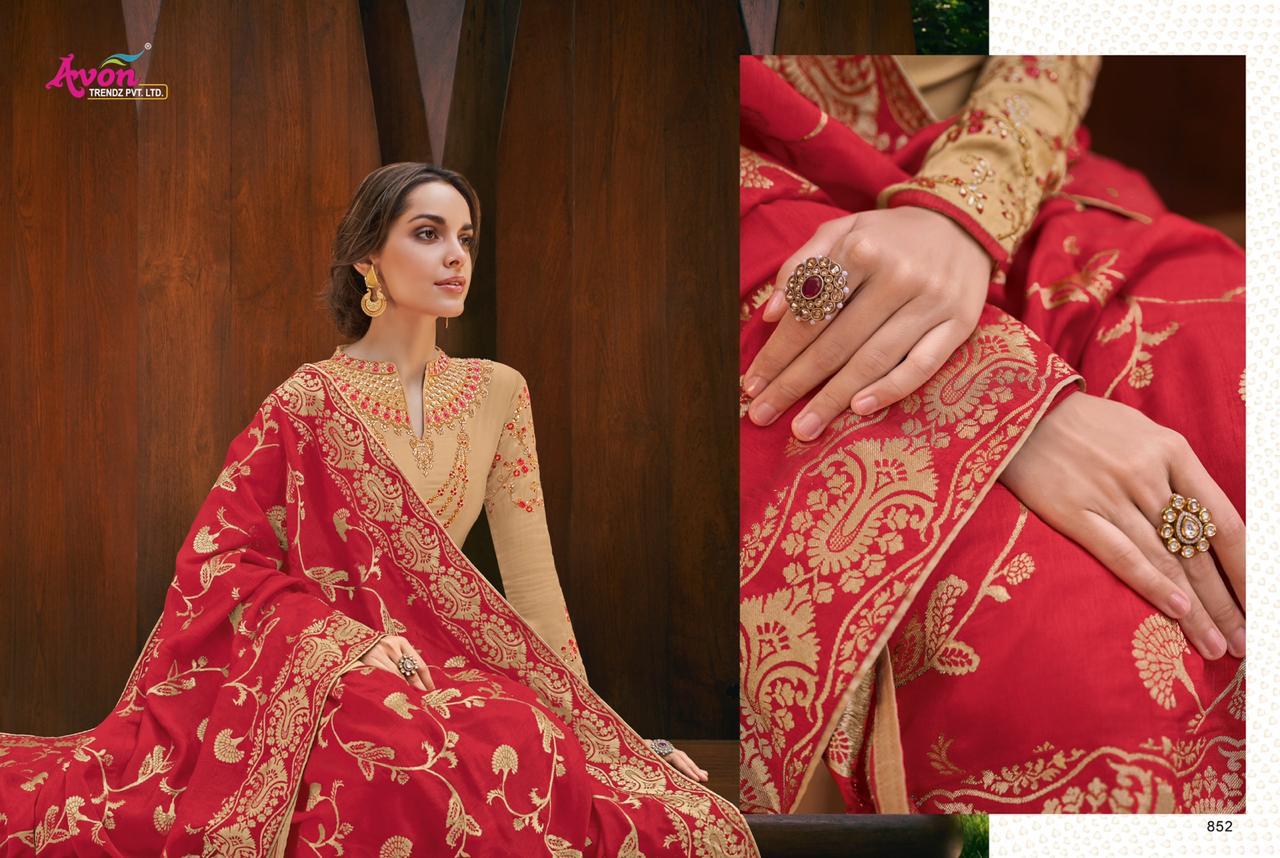 Mulberry Silk Hand Woven By Avon Trendz 851 To 857 Series Beautiful Suits Stylish Colorful Fancy Casual Wear & Ethnic Wear Satin Georgette With Embroidery Dresses At Wholesale Price