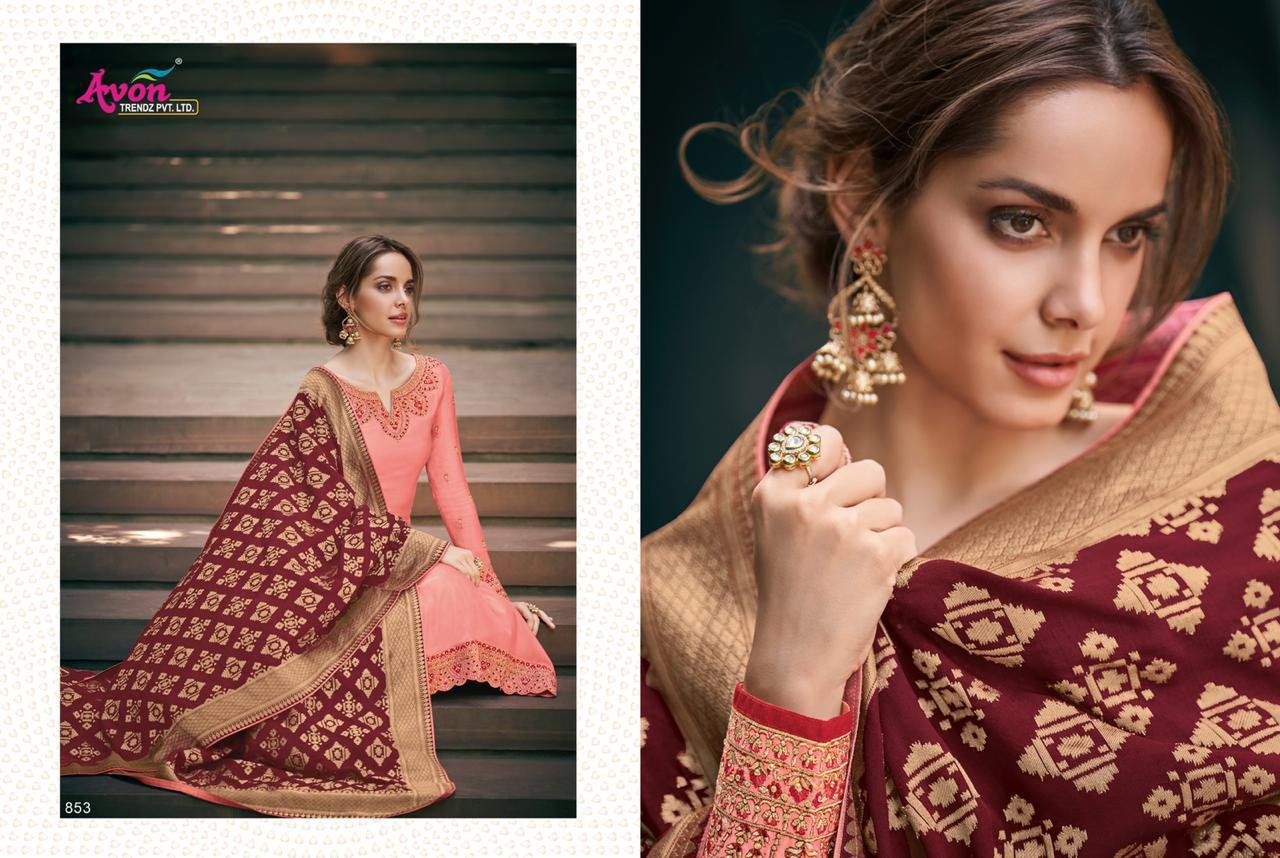 Mulberry Silk Hand Woven By Avon Trendz 851 To 857 Series Beautiful Suits Stylish Colorful Fancy Casual Wear & Ethnic Wear Satin Georgette With Embroidery Dresses At Wholesale Price