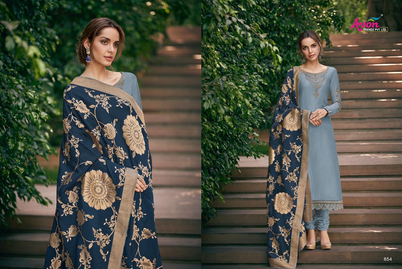 Mulberry Silk Hand Woven By Avon Trendz 851 To 857 Series Beautiful Suits Stylish Colorful Fancy Casual Wear & Ethnic Wear Satin Georgette With Embroidery Dresses At Wholesale Price