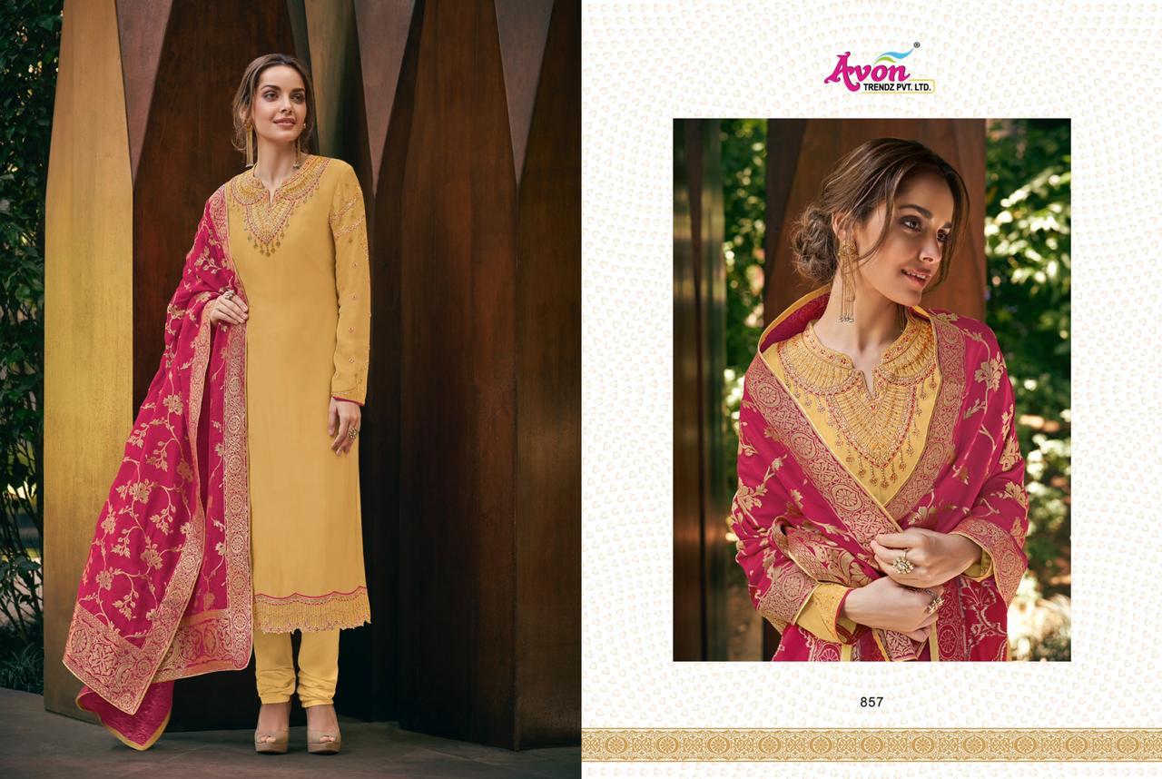 Mulberry Silk Hand Woven By Avon Trendz 851 To 857 Series Beautiful Suits Stylish Colorful Fancy Casual Wear & Ethnic Wear Satin Georgette With Embroidery Dresses At Wholesale Price