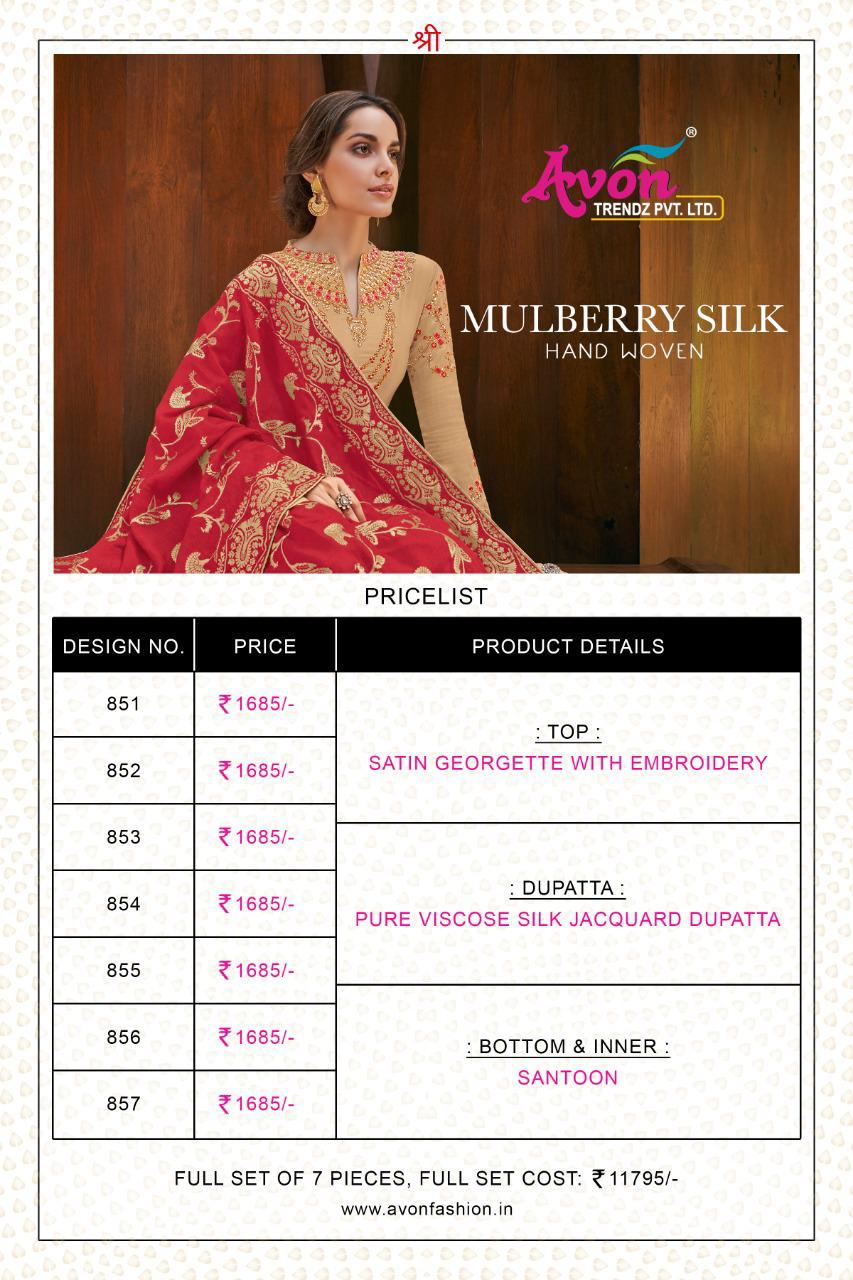 Mulberry Silk Hand Woven By Avon Trendz 851 To 857 Series Beautiful Suits Stylish Colorful Fancy Casual Wear & Ethnic Wear Satin Georgette With Embroidery Dresses At Wholesale Price