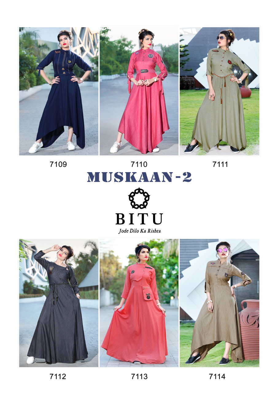 Muskaan Vol-2 By Bitu 7109 To 7114 Series Designer Stylish Beautiful Fancy Colorful Party Wear & Ethnic Wear & Ready To Wear Sabras Miletry Kurtis At Wholesale Price
